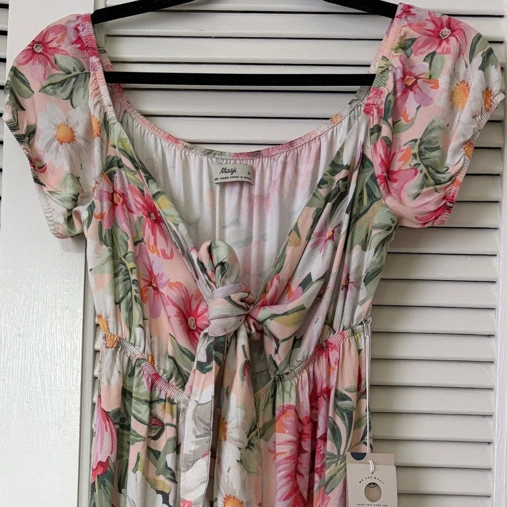 Maaji Cocoon of Love Rosabel Tie-Front Mini Dress Pink Green Floral Sz M NWT